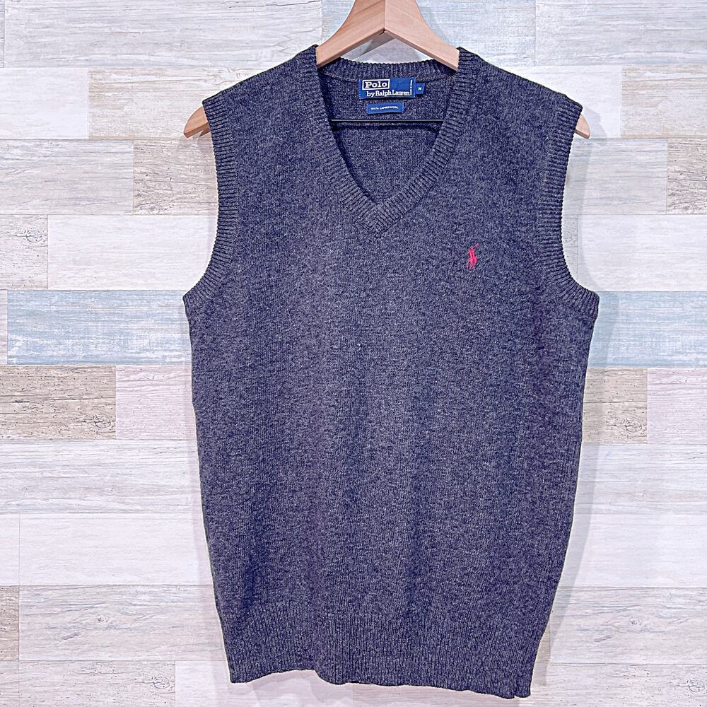 POLO Ralph Lauren 100% Lambswool Sweater Vest Gray V Neck Mens Medium